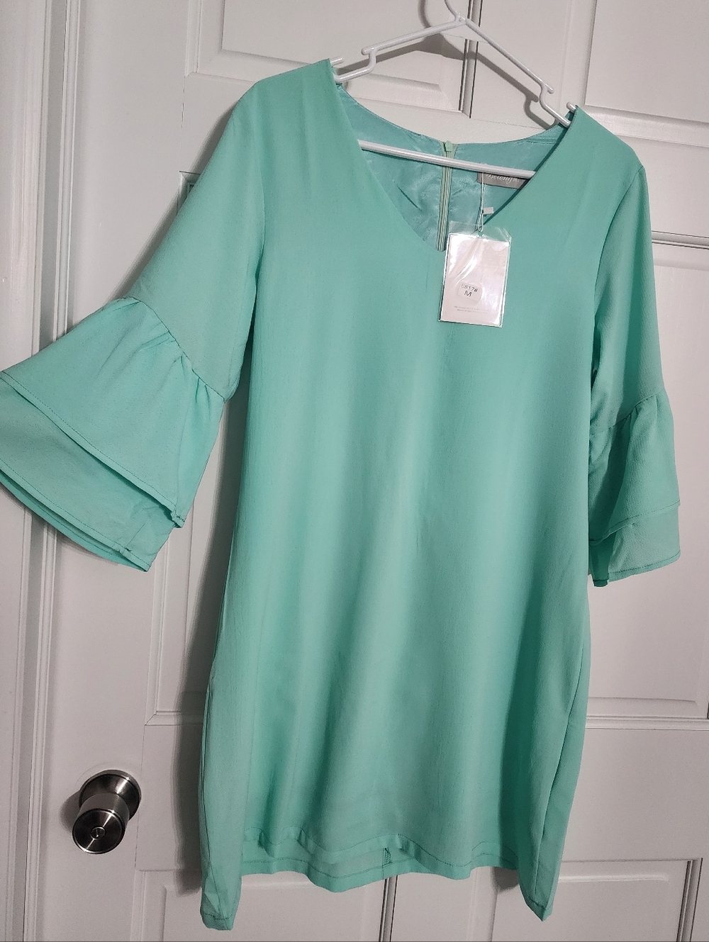 Belongsci Mint V-Neck Ruffle Sleeve Mini Dress